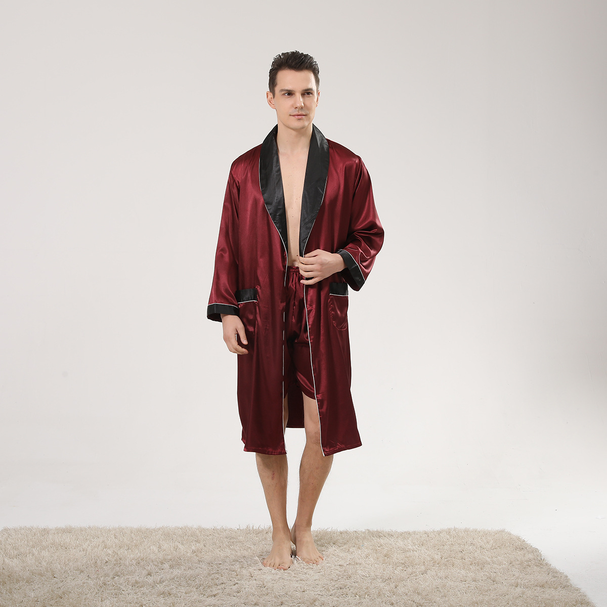 봄 블랙 숄 칼라 레드 남성용 목욕 가운 반바지 수트, - Men'S Kimono Accessories 리뷰 및 가격
